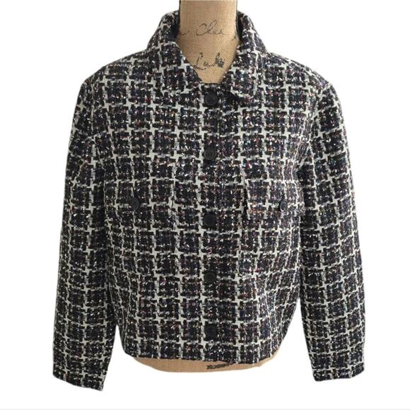 LOFT Shimmer Metallic Tweed Cropped Jacket Blazer Coat Button Up Size Large New - Picture 8 of 10